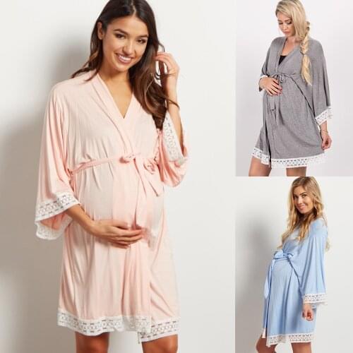 Solid Color Maternity Dress Lace Stitching Lace Up Cardigan Nursing Pajamas Pregnancy Nightwear Maternity Robe Sleepwear V-Neck