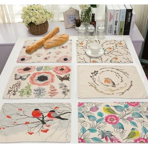 1Pcs Bird Pattern Kitchen Placemat Cotton Linen Flower Pad Dining Table Mats Coaster Bowl Cup Mat 42*32cm Home Decor MP0097