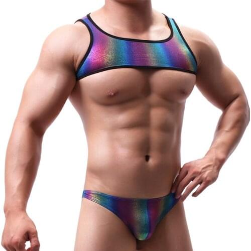 2PCS Men Chest Harness Tanks+Briefs Sets Exotic PU Leather Shiny Shoulder Strap Thong Clubwear Stage Costume Gay Crop Top Suits