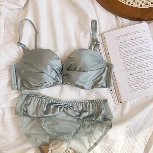 Satin sexy bra set gathered detachable double shoulder strap lingerie wire free upper thin lower thickness tube top underwear