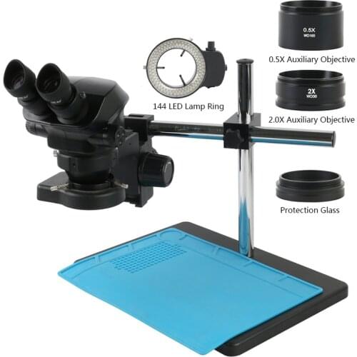 7X-50X Zoom Stereo Binocular Microscope 76mm Focusing Stand 144pcs LED Light Set For Lab Observation Phone PCB Soldering