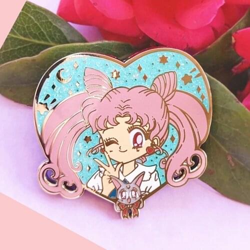 Glitter Sailor Moons Luna Cat Love Heart Enamel Pins Cute Cartoon Lapel Pin Jacket Jeans Badge Brooch Fashion Accessories