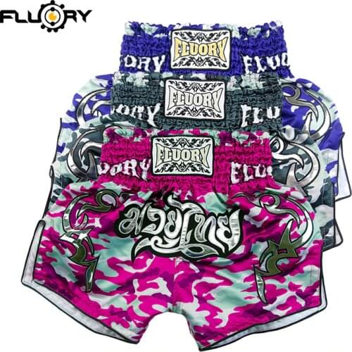 Fluory camflouge print muay thai shorts embroidery patch boxing trunks