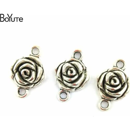 BoYuTe (50 Pieces/Lot) 16*25MM Antique Silver Plated Metal Rose Connectors Charms for Jewelry Making Diy Necklace Bracelets