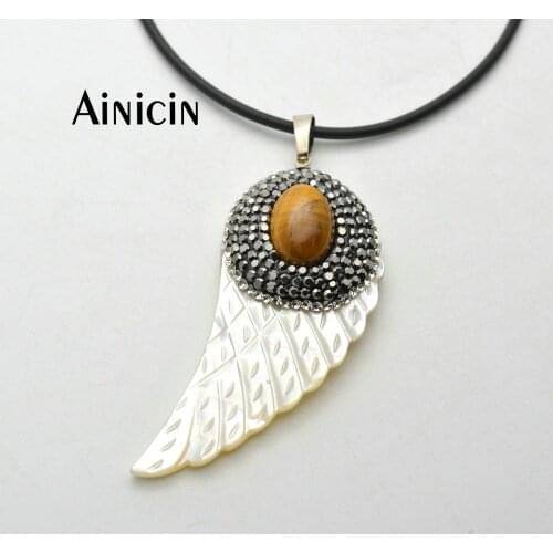 Black Rhinestone Tiger Eyes Crystal Paved Single Wings Pendants 18'' Rubber Chain Necklace Fashion Women Jewelry