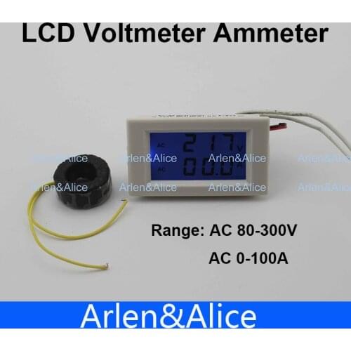 Dual LCD display Voltage and current meter blue backlight panel voltmeter ammeter range AC 80-300V 0-99.9A white