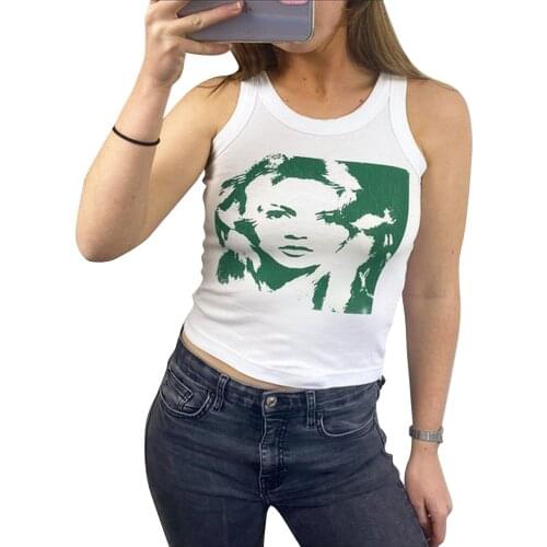 Summer Ladies Sexy Midriff-baring Camisole Creative Human Face Printing Round Collar Sleeveless Slim Base Tops