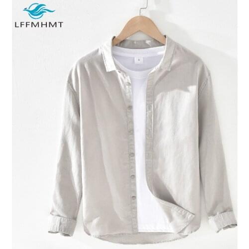 Men Spring Autumn Fashion Japan Style Long Sleeve Square Collar Solid Color Simple Cotton Linen Shirts Male Casual Slim Fit Tops