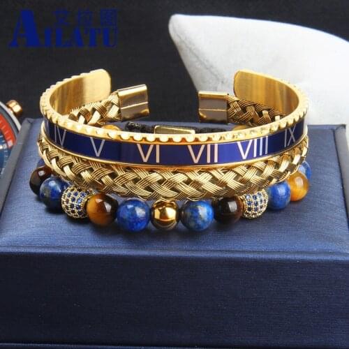 New Luxury Blue Cz Ball Lapis Lazuli Stone Braiding Bracelet Stainless Steel Sets Bangles Top Quality Festival Gift