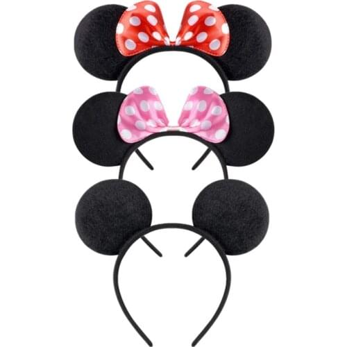 Mickey Mouse Ears Solid Black Red Bow Headband Set Costume Deluxe Fabric Minnie Mouse Ears Headband for Party Favor Decorations