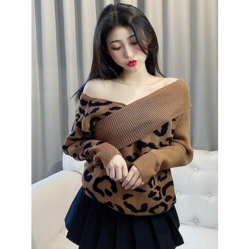 Fall 2020 Women Sexy Irregular Off Shoulder Knitted Sweater Fashion Leopard Patchwork Knitwear Pullover Two Ways To Wear