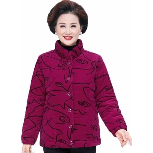 Autumn Winter Jacket Coat New Middle-aged Short Outerwear Mother Dress Thick Corduroy Printed Cotton Jacket Women
