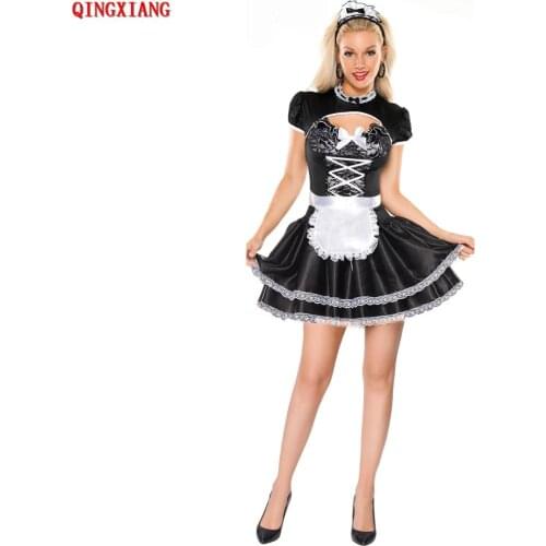 Japanese Restaurant Servant Sexy Pinafore Lace Black Dress Short Sleeve Maid Role-Playing Costume With White Apron Hair Hoop