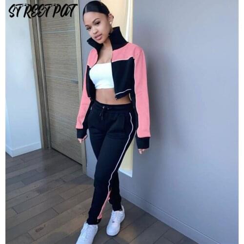 Casual Patchwork Long Sleeve Crop Top Zip Jackets+Pants Tracksuit 2 Two Piece Set Women Sport Streetwear Jogging Femme
