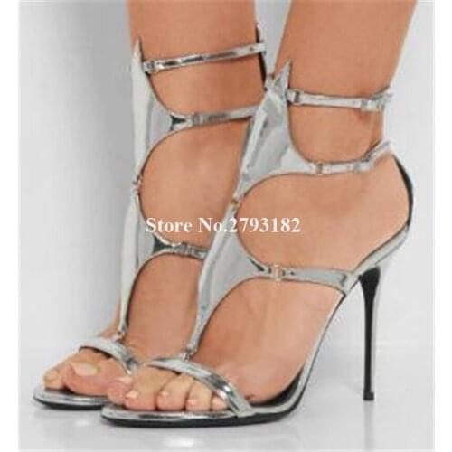 Brand Design Women Fashion Open Toe Stiletto Heel Gladiator Sandals Silver Pink Buckles High Heel Sandals Formal Dress Shoes