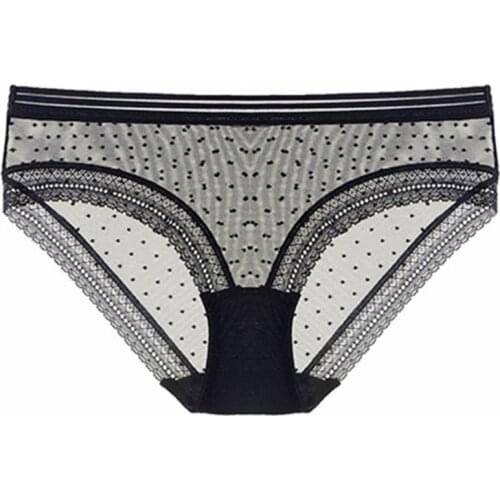Low-waist Mesh Lace Wrap Hip Briefs Polka-Dot Sexy See-Through Pure Cotton Bottoms Breathable Ladies Underwear