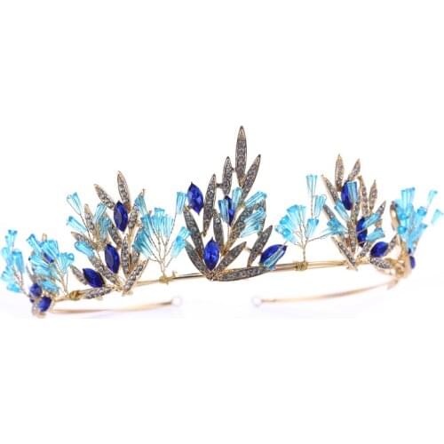 Handmade Blue Beads Bridal Crown Wedding Hair Jewelry Accessories Rhienstone Women Tiara Headwear Ornament Head Decoration