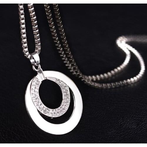 VAKKI Pretty Womens Silver Plated Choker Crystal Rhinestone Long Chain Double Circle Pendant Charm Necklace