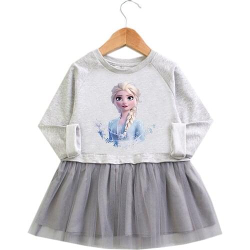 2021 Frozen Elsa Spring and Autumn Child Girl Dress Anime Cartoon Long Sleeve Mesh Skirt Elegant Princess Dress
