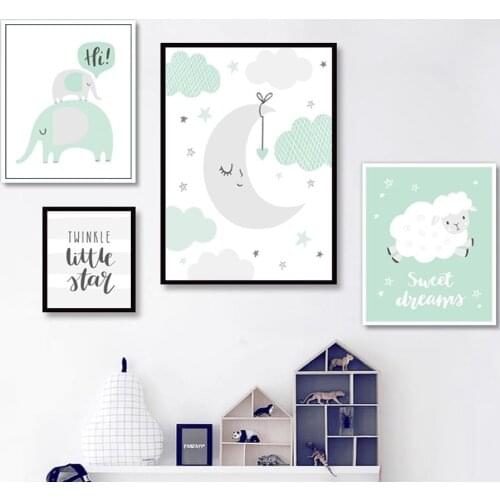 Green Woodland Animal Nursery Decoration Mint Minimalist Canvas Painting Poster Wall Art Pop Music Childrens Room Home Decor