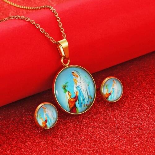 Virgin Mary Necklaces Jesus Round Pendant Earrings Necklace for Women Jewelry