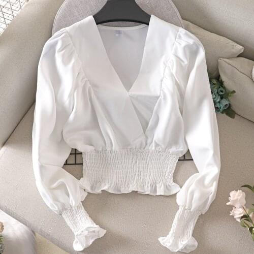 Spring Autumn Womens Lantern Sleeve Shirt Tops Long-sleeved V-neck short Shirt Womens New Waist Fashion White Top GD465