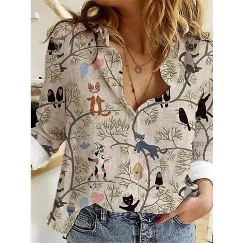 Casual 3D Cute Animal Cat Print Lapel Womens Blouse Long Sleeve Cardigan 2021 Spring Autumn New Retro Landscape Ladies Shirt