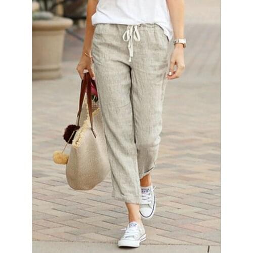 Womens mid-rise Cropped trousers 2020 New Solid Color Loose Casual Drawstring Elastic Waist Cotton Hemp pants