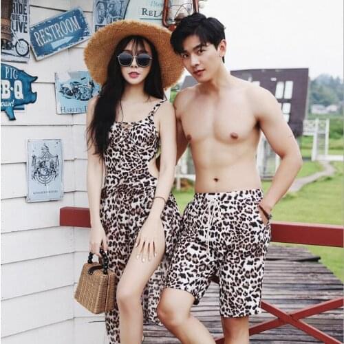 Leopard Couples Swimwear Women 3 Pieces Bikini Sets Cover Up Mans Beach Trunks Shorts Lovers Girls Printed Swimsuit Beach Dress