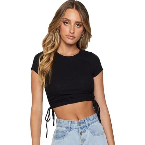 Women Summer Short-Sleeved Slim Top Drawstring Cropped Round Neck Casual Floral Print Sexy Streetwear Tee