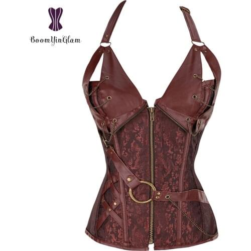 Plus Size Zip Up Sexy Shaper Spiral Steel Boned Steampunk Goth Halter Leather Bustier Corset S-6XL 908