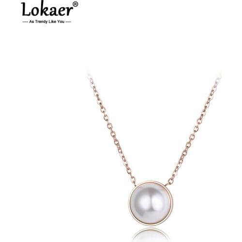 Lokaer Classic White Simulated Pearl Chain & Link Necklaces Jewelry Titanium Steel Rose Gold Chokers Necklace For Women N18063