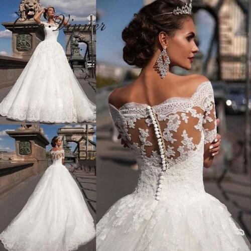 Short Sleeve Boat Neck Quality Europe Ball Gown Wedding Dresses Lace Appliques Princess Wedding Dress Bridal Gown W0334
