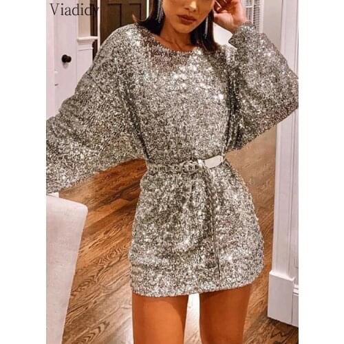 Women Winter Long Sleeve Round Neck Sequin Dress Sexy Glitter Batwing Sleeve A-line Dress No Belt