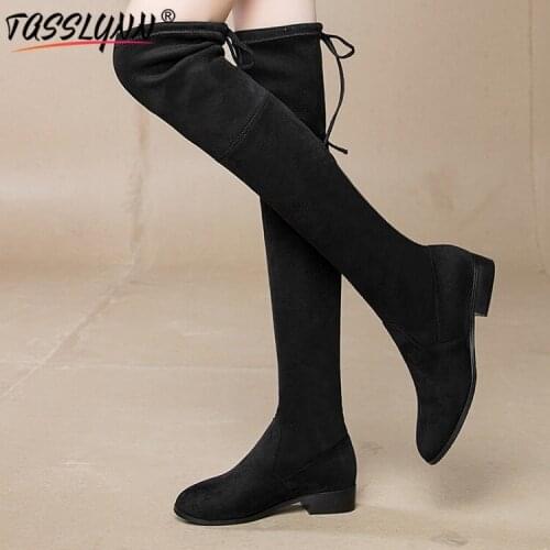 TASSLYNN 2019 Casual Winter Women Boots Low Heels Flock Over The Knee Boots Warm Snow Boots Square Heels Round Toe Women Shoes
