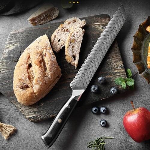 8 Inch Serrated Bread Knife Damascus Japanese AUS-10 Steel Serrated Kitchen Knives Bread Cutting Knife Cooking Cutlery