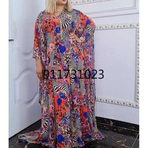African mom dress fashion chiffon fabric digital printed wide leg pants two-piece set
