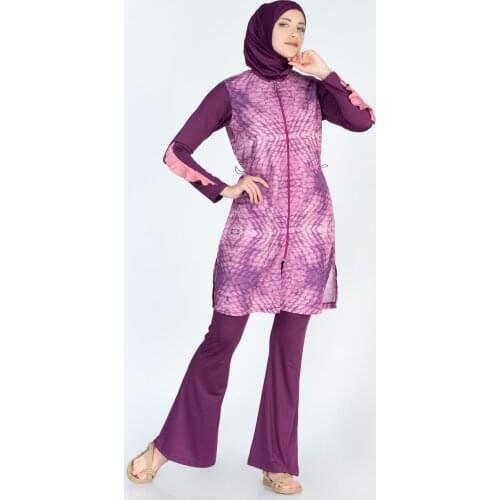 Alfasa 377 Long Sleeve Pants Decorated Spanish Trotting Full Off Hijab Swimwear Eggplant Purple