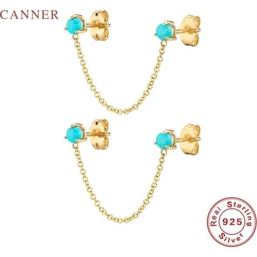 CANNER Individual Hollow Chain Turquoise Earrings For Women 100% Real 925 Sterling Silver Piercing Stud Earrings Fine Jewelry