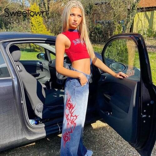 Aesthetic E Girl Waist Baggy Wide Vintage Print Trousers Jeans Women 90s Cargo Pants Denim Sweetown Korean Mom Leg Gradient Low
