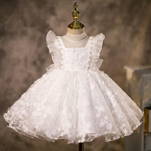 Flower Girl Dress Children Birthday Baptism White Dresses Kids Tulle Gown Girl Elegant Frocks Teenage Graduation Party Clothes