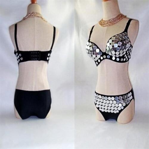 EC30 Silver mirror bikini models stage show wears clothe dj disco party dress club performance bra ballroom dance costume silver