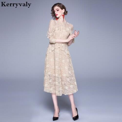 Elegant Autumn Flocking Midi Lace Dress Vestidos Verano 2021 Mujer Women Cute Party Dress Strand Jurkjes Zomer Jurk K6269