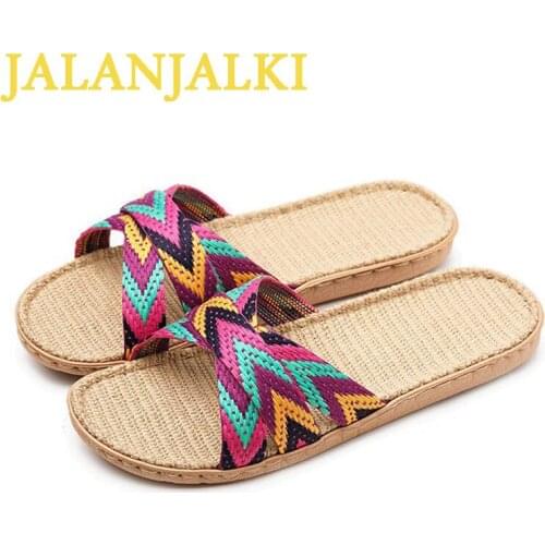 JALANJALKI Women Indoor Anti-slip Linen Shoes EVA Light weight Candy Color Flat Flax Slides Couple Basic Bedroom Slippers Men