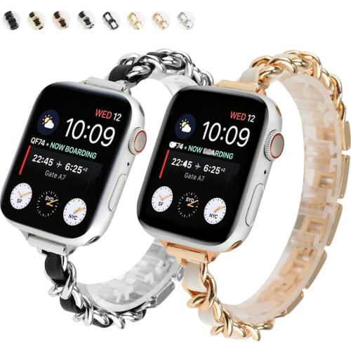 Chain Leather Strap For Apple Watch 6 5 4 3 SE 44 40mm Stainless Steel Metal Bracelet Correa Thin Band for iWatch band 42mm 38mm