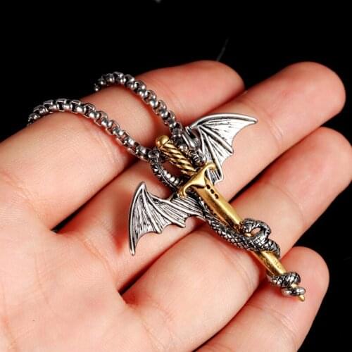 Domineering Flying Dragon Sword Necklace Pendant Viking Stainless Steel Long Chain Necklace for Men Creative Punk Biker Jewelry
