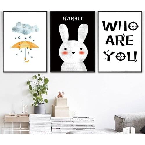 Cartoon Poster Animals Rabbit Umbrella Canvas Black White Letter Painting Art Print Wall Picture For Living Kids Room Home Decor