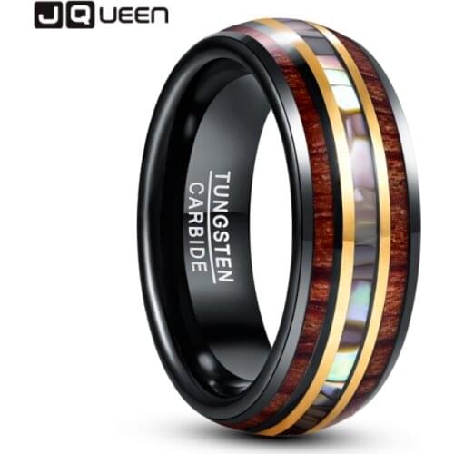 JQUEEN 8mm Black Gold Inlaid Wood Grain Abalone Shell Tungsten Carbide Mens Ring Fashion Wedding Jewelry