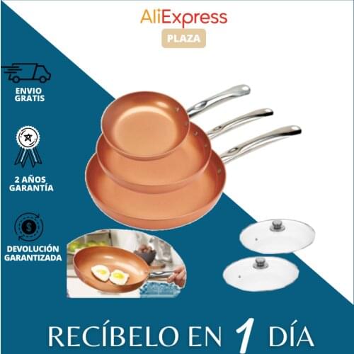 Set of 3 copper non-stick pans + 2 glass lids suitable for induction, hob, electric, Gas and oven