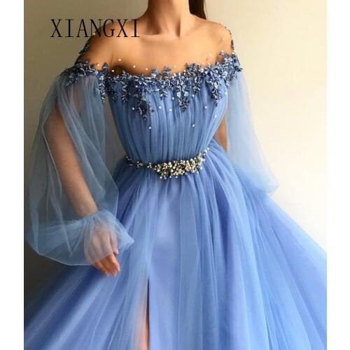 Sky Blue Evening Dress Long Tulle A-Line Off The Shoulder Full Sleeves Split Prom Party Gowns Evening Dresses Floor Length